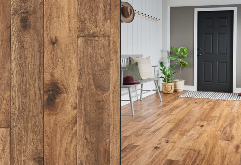 split image of closeup of hardwood floor and entryway